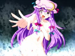 Rule 34 | 1girl, bespectacled, bow, censored, convenient censoring, crescent, crescent hat ornament, female focus, glasses, hat, hat ornament, irusu, long hair, nude, patchouli knowledge, pink bow, purple hair, solo, touhou