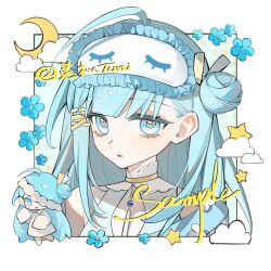 1girl ahoge blue_eyes blue_flower blue_hair chibi chibi_inset cloud crescent eyelashes flower frills full_body hair_bun highres long_hair looking_at_viewer moon original parted_lips portrait single_bare_shoulder sleep_mask solo square star_(symbol) tuni_(weibo_5659389536)