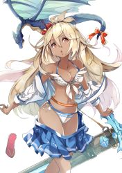 Rule 34 | 10s, 1girl, :o, ahoge, bare shoulders, belt, bikini, blonde hair, blue skirt, bow, breasts, cleavage, collarbone, dark-skinned female, dark skin, dragon, flower, front-tie bikini top, front-tie top, granblue fantasy, hair between eyes, hair flower, hair ornament, hibiscus, long hair, long sleeves, looking to the side, medium breasts, miniskirt, off shoulder, open clothes, open mouth, open shirt, pink eyes, pleated skirt, sandals, sheath, sheathed, shirt, side-tie bikini bottom, simple background, skirt, solo, sone, sone (takahiro-osone), swimsuit, sword, tail, tail bow, tail ornament, weapon, white background, white bikini, white shirt, zooey (granblue fantasy), zooey (summer) (granblue fantasy)