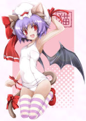 Rule 34 | 1girl, alternate costume, animal ears, arm behind head, armpits, bad id, bad pixiv id, bare shoulders, bat wings, bow, cat ears, cat girl, cat tail, covered navel, female focus, kemonomimi mode, kneeling, light purple hair, narrow waist, one-piece swimsuit, open mouth, red eyes, remilia scarlet, ribbon, school swimsuit, smile, solo, striped clothes, striped thighhighs, swimsuit, tail, tail bow, tail ornament, thighhighs, touhou, white one-piece swimsuit, white school swimsuit, wings, wrist ribbon, yumesato makura