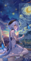 Rule 34 | 1girl, absurdres, ahoge, barefoot, beret, blue butterfly, blue hair, bug, butterfly, cloud, cloudy sky, dress, full body, griseo, griseo (starry impression), hat, highres, holding, holding brush, honkai (series), honkai impact 3rd, insect, long hair, looking at viewer, looking back, night, night sky, open mouth, painting (action), painting (object), palette (object), pantyhose, purple eyes, short sleeves, sitting, sky, soles, solo, thighs, toes, twintails, wariza, white dress, white pantyhose, yelan xing xuan