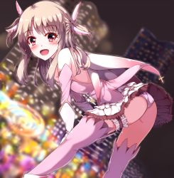 Rule 34 | 1girl, ass, bare shoulders, bent over, blurry, city, commentary request, depth of field, elbow gloves, fate/kaleid liner prisma illya, fate (series), feather hair ornament, feathers, gloves, hair ornament, hand on own thigh, illyasviel von einzbern, looking at viewer, magical girl, night, open mouth, outdoors, panties, red eyes, shiny skin, skirt, solo, sumioo (sumikko no ousama), thigh strap, thighhighs, underwear, white hair, white panties
