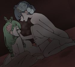 Rule 34 | 2girls, antlers, barefoot, blue hair, braid, ceres fauna, ceres fauna (new year), closed eyes, finger in another&#039;s mouth, flat color, flower, flower on head, from side, green hair, hair between eyes, hair bun, hair intakes, hair ornament, half-closed eyes, highres, hololive, hololive english, horns, mole, mole under eye, multiple girls, nude, ouro kronii, ouro kronii (new year), short hair, single hair bun, socks, tassel, tassel hair ornament, twin braids, virtual youtuber, white legwear, yuri