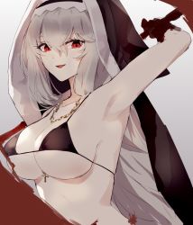 Rule 34 | 1girl, :d, alternate costume, arknights, armpits, bare arms, bare shoulders, bikini, black bikini, black headwear, blood, breasts, cleavage, grey hair, habit, holding, holding weapon, jewelry, long hair, looking at viewer, medium breasts, necklace, open mouth, red eyes, smile, solo, specter (arknights), stardust-kun, stomach, string bikini, swimsuit, upper body, very long hair, weapon