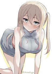 Rule 34 | 1girl, all fours, alternate costume, blonde hair, blush, breasts, graf zeppelin (kancolle), grey eyes, hair between eyes, highres, kantai collection, large breasts, liking, long hair, looking at viewer, sidelocks, solo, twintails, twitter username, white background