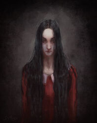 Rule 34 | 1girl, artist name, black background, black hair, bloodexer, dark, dark background, darkness, dress, highres, horror (theme), long hair, looking at viewer, red dress, red sleeves, signature, simple background, solo, solo focus, standing, the evil within, very long hair