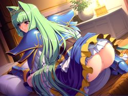 Rule 34 | 1girl, andou tomoya, armor, ass, bed, censored, from behind, game cg, green hair, himekishi olivia, inoino, legs, long hair, looking away, nakano sora, no panties, olivia lindegald, pillow, purple eyes, pussy, solo, squatting, thighs, vase