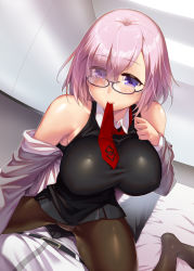 Rule 34 | 1boy, 1girl, bare shoulders, breasts, closed eyes, eyebrows hidden by hair, fate/grand order, fate (series), fujimaru ritsuka (female), fujimaru ritsuka (male), glasses, hair over one eye, large breasts, looking at viewer, mash kyrielight, mouth hold, necktie, ono misao, purple hair, shirt, short hair, sitting, sitting on person, smile