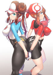 Rule 34 | 2girls, adapted costume, alternate color, arched back, ass, ass-to-ass, ass press, bandana, bike shorts, black legwear, blue eyes, bodysuit, bow, breasts, brown hair, covered erect nipples, creatures (company), double bun, from behind, game freak, gloves, hair bun, holding hands, impossible clothes, interlocked fingers, knees, large breasts, legs, long hair, looking at viewer, may (pokemon), midriff, multicolored bodysuit, multicolored clothes, multiple girls, nagase haruhito, nintendo, pokemon, pokemon bw2, pokemon rse, rosa (pokemon), shiny clothes, shiny skin, short hair, skin tight, socks, thick thighs, thighs, thong, twintails, visor cap