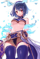 Rule 34 | alice (sinoalice), arms at sides, belt, blue hair, blue hairband, blue thighhighs, breasts, closed mouth, commentary request, crop top, from below, hairband, holding, legs apart, looking back, medium breasts, navel, red eyes, short hair, simple background, sinoalice, solo, standing, starry babe, stomach, thighhighs, underboob