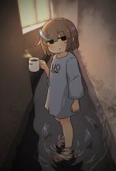 Rule 34 | 1girl, absurdres, arm at side, barefoot, black eyes, brown hair, closed mouth, cup, fish, fish hair ornament, from side, full body, grey shirt, hair ornament, highres, holding, holding cup, indoors, jitome, kani aji, long sleeves, looking at viewer, looking to the side, mug, original, oversized clothes, oversized shirt, print shirt, shirt, short hair, solo, standing, steam, wading, water, window