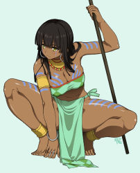 Rule 34 | 1girl, ankle cuffs, anklet, arm support, armlet, bandeau, barefoot, black hair, blunt bangs, bodypaint, breasts, cleavage, commentary request, dark-skinned female, dark skin, earrings, facepaint, feet, female focus, full body, hoop earrings, hyouju issei, jewelry, large breasts, loincloth, long hair, looking away, original, pelvic curtain, simple background, solo, squatting, tribal, yellow eyes