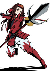 Rule 34 | 1girl, absurdres, armor, black gloves, brown eyes, brown hair, commentary, full body, girls und panzer, gloves, greaves, grin, headband, highres, holding, holding polearm, holding staff, holding weapon, jacket, japanese armor, leg up, long hair, long sleeves, looking to the side, one eye closed, oritako, pants, polearm, red footwear, red headband, red jacket, saemonza (girls und panzer), sengoku basara, shadow, simple background, smile, solo, staff, standing, standing on one leg, straight hair, weapon, white background, white pants