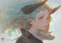 Rule 34 | 1girl, animal, animal on shoulder, aqua hair, artist name, colored eyelashes, dragon, dragon girl, eyelashes, from side, horns, krenz, lips, long hair, looking at viewer, orange eyes, original, parted lips, pointy ears, portrait, solo