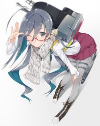 Rule 34 | 10s, 1girl, ahoge, bespectacled, boots, front-seamed legwear, full body, glasses, grey eyes, grey hair, grin, hair ribbon, hand on own knee, hayashi kewi, kantai collection, kiyoshimo (kancolle), long hair, long sleeves, looking at viewer, low twintails, machinery, one eye closed, pantyhose, ribbon, salute, scarf, school uniform, seamed legwear, simple background, skirt, smile, solo, twintails, uniform, very long hair, white background