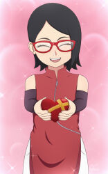 Rule 34 | 1girl, boruto: naruto next generations, closed eyes, collared dress, detached sleeves, dress, female focus, glasses, heart, highres, naruto (series), pants, parted lips, pink background, reaching, reaching towards viewer, red-framed eyewear, red dress, setrakian draws, sleeveless, sleeveless dress, smile, solo, sparkle background, straight-on, teeth, uchiha sarada, upper body, upper teeth only, white pants, zipper