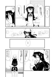 Rule 34 | 10s, 1girl, apron, blazer, blush, comic, cooking, closed eyes, greyscale, hatsushimo (kancolle), head scarf, ichidai taisa, jacket, kantai collection, ladle, long hair, long sleeves, low-tied long hair, monochrome, necktie, pleated skirt, pot, school uniform, skirt, text focus, translation request