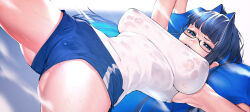 Rule 34 | 1girl, absurdres, armpits, ass, blue eyes, blue hair, blunt bangs, breasts, cameltoe, glasses, highres, hololive, hololive english, large breasts, long hair, looking at viewer, mole, mole on thigh, official alternate costume, ouro kronii, ouro kronii (casual), paid reward available, rat huang, shorts, solo, spread legs, sweat, virtual youtuber, wet, wet clothes
