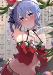 Rule 34 | 1girl, :/, absurdres, bare shoulders, blue eyes, blue hair, blush, breasts, choker, closed mouth, commentary, crop top, ear piercing, english commentary, hand up, hat, highres, hitakami, hololive, hoshimachi suisei, long sleeves, looking at viewer, midriff, miniskirt, navel, piercing, pom pom (clothes), santa costume, santa hat, side ponytail, skirt, small breasts, solo, stomach, upper body, virtual youtuber