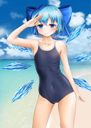 Rule 34 | 1girl, absurdres, arm up, armpits, bare arms, bare shoulders, beach, blue bow, blue eyes, blue hair, blue one-piece swimsuit, blue sky, blush, bow, cirno, cloud, collarbone, commentary, covered navel, cowboy shot, day, hair bow, highres, ice, ice wings, looking at viewer, ocean, one-piece swimsuit, outdoors, short hair, sky, smile, solo, standing, swimsuit, thighs, touhou, ukua (otokonoko), water, wings