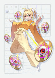 Rule 34 | 1girl, absurdres, blonde hair, bow, electricity, eyeball, grid background, guumin, hakama, highly responsive to prayers, highres, japanese clothes, kimono, long sleeves, ponytail, red eyes, short hair, solo, touhou, touhou (pc-98), warped, white footwear, wide sleeves, yellow kimono, yin yang, yuugenmagan