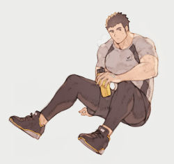 Rule 34 | 1boy, alternate costume, bad id, bad pixiv id, bara, black footwear, black leggings, black shorts, bottle, breath, brown hair, chataro1412, leggings, male focus, protagonist 3 (housamo), muscular, muscular male, pectorals, shirt, shoes, short hair, short sleeves, shorts, sitting, skin tight, sneakers, solo, sportswear, sweat, thick eyebrows, thighs, tight clothes, tight shirt, tokyo houkago summoners, track uniform, water bottle, white shirt
