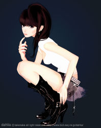 Rule 34 | 1girl, artist name, bad id, bad pixiv id, belt, black footwear, black nails, blue background, boots, breasts, brown eyes, brown hair, earrings, expressionless, fashion, finger to own chin, from side, full body, glint, high heel boots, high heels, jewelry, knee boots, lips, long hair, looking at viewer, nail polish, original, see-through, shoes, short shorts, shorts, sideboob, simple background, solo, squatting, takenaka, watermark, web address