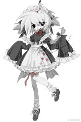 Rule 34 | 1girl, apron, black eyes, blood, blood on face, bloody knife, bow, bowtie, braid, commission, dress, frilled dress, frills, full body, highres, intestines, juliet sleeves, knife, long sleeves, maid apron, maid headdress, meyou 0319, original, puffy sleeves, red bow, red bowtie, solo, standing, standing on one leg, sticker, white hair