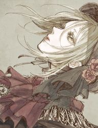 Rule 34 | 1girl, bad id, bad twitter id, blonde hair, bloodborne, bonnet, flower, from software, long hair, plain doll, profile, red flower, red rose, rose, solo, tokio (okt0w0), upper body, yellow eyes