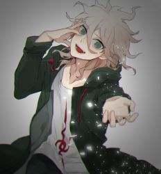 Rule 34 | 1boy, :d, blurry, collarbone, commentary request, danganronpa (series), danganronpa 2: goodbye despair, depth of field, green eyes, grey background, grey hair, hands on own face, hands up, hita (hitapita), hood, hooded jacket, jacket, komaeda nagito, long sleeves, looking at viewer, male focus, messy hair, open clothes, open jacket, open mouth, outstretched hand, shirt, simple background, smile, solo, teeth, upper body