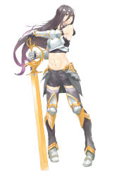 Rule 34 | 10s, 1girl, :o, absurdres, armor, bare shoulders, black hair, breastplate, fuee, full body, gauntlets, gradient hair, granblue fantasy, hair between eyes, hand on hilt, highres, long hair, looking to the side, midriff, multicolored hair, purple hair, rosamia (granblue fantasy), shorts, solo, sword, thighhighs, very long hair, weapon, white background, wind, yellow eyes