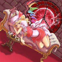 Rule 34 | 1girl, album cover, amano takumi, blonde hair, cake, clock, couch, cover, cup, dress, embodiment of scarlet devil, female focus, flandre scarlet, food, frills, hat, hourglass, lying, polearm, purple eyes, short hair, socks, solo, spear, tea, teacup, touhou, weapon, wings
