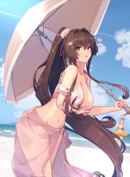 Rule 34 | 2girls, bikini, blush, breasts, brown eyes, brown hair, cherry blossoms, cleavage, cloud, female focus, floral print, flower, hair flower, hair ornament, highres, himeyamato, holding, iowa (kancolle), kantai collection, large breasts, long hair, looking at viewer, multiple girls, navel, ocean, oil-paper umbrella, outdoors, ponytail, sidelocks, solo focus, swimsuit, twitter username, umbrella, very long hair, yamato (kancolle), yamato kai ni (kancolle)