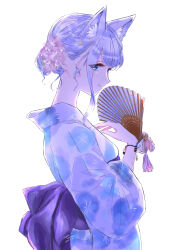 Rule 34 | 1girl, absurdres, animal ear fluff, animal ears, back bow, blue kimono, blush, bow, bracelet, cat ears, closed mouth, commentary request, flower, hair between eyes, hair flower, hair ornament, hair up, hand fan, hand up, highres, holding, holding fan, japanese clothes, jewelry, kimono, long sleeves, looking at viewer, noripro, obi, pink flower, purple hair, sash, shirayuki mishiro, sidelocks, simple background, smile, solo, star (symbol), star hair ornament, tassel, upper body, virtual youtuber, white background, x hair ornament, yuri kyanon