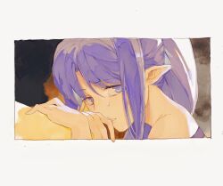 Rule 34 | 1girl, bare shoulders, border, commentary request, crying, crying with eyes open, fate/grand order, fate (series), looking at viewer, medea (lily) (fate), parted lips, pointy ears, portrait, purple eyes, purple hair, sansanpai, solo, tears, white border