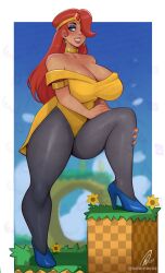 Rule 34 | 1girl, artist name, blue eyes, blue footwear, blue nails, blue sky, breasts, circlet, cleavage, day, earrings, ed (edemevas), flower, gold choker, gold earrings, grass, green hill zone, grey pantyhose, hair over one eye, high heels, highres, hoop earrings, jewelry, katella the huntress, large breasts, long hair, looking at viewer, off-shoulder shirt, off shoulder, outdoors, pantyhose, red hair, red lips, shirt, signature, sky, smile, solo, sonic (series), teeth, thick thighs, thighs, watermark, yellow flower, yellow shirt