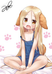 Rule 34 | 1girl, :o, animal ears, areola slip, bed sheet, blonde hair, blush, brown eyes, collarbone, commentary, dog ears, dog girl, dog tail, fang, flat chest, forehead, happy new year, head tilt, highres, long hair, looking at viewer, naked overalls, new year, open mouth, original, overalls, parted bangs, paw print, paw print background, simple background, sitting, solo, strap slip, tail, very long hair, white background, yukino minato