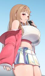 Rule 34 | 1girl, ajidot, bare shoulders, black collar, breasts, cellphone, chain, cleavage, collar, crop top, goddess of victory: nikke, grin, hair intakes, highres, holding, holding phone, holographic clothing, horns, jacket, large breasts, light brown hair, long hair, mole, mole under eye, off-shoulder jacket, off shoulder, phone, pink horns, pink jacket, pleated skirt, red eyes, skirt, smartphone, smile, solo, viper (nikke), white skirt, zipper