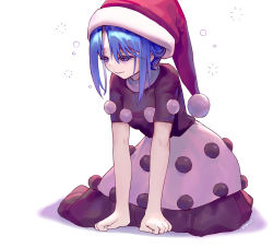 Rule 34 | 1girl, ainy, arm support, bad id, bad pixiv id, bags under eyes, blue eyes, blue hair, doremy sweet, dress, full body, hat, kneeling, matching hair/eyes, multicolored clothes, multicolored dress, nightcap, pom pom (clothes), short hair, short sleeves, solo, touhou, waking up