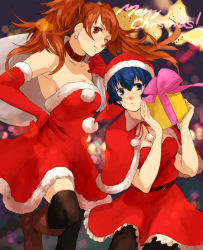 Rule 34 | 2girls, bad id, bad twitter id, bag, belt, blue eyes, blue hair, breasts, brown eyes, brown hair, christmas, collar, dress, earrings, elbow gloves, gift, gloves, hat, jewelry, kujikawa rise, long hair, looking at viewer, merry christmas, mossan351, multiple girls, one eye closed, persona, persona 4, santa hat, shirogane naoto, short hair, skirt, smile, thighhighs, twintails