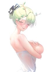 Rule 34 | 1girl, after bathing, antlers, arm under breasts, back, bare shoulders, blush, braid, braided bangs, branch, breast hold, breast lift, breasts, ceres fauna, comb, covering privates, floral print, grabbing own breast, green hair, green nails, hair ornament, hand on own chest, highres, hololive, hololive english, horns, large breasts, looking at viewer, mole, mole under eye, multicolored hair, naked towel, nape, nude, nude cover, open mouth, prab, see-through, simple background, smile, smug, solo, topless, towel, virtual youtuber, wet, wet towel, white background, white towel, yellow eyes