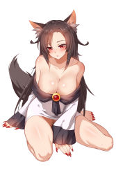Rule 34 | 1girl, animal ears, bad id, bad pixiv id, bare shoulders, barefoot, blush, bobomaster, bottomless, breasts, brown hair, cleavage, convenient censoring, dress, female focus, female pubic hair, fingernails, full body, highres, imaizumi kagerou, large breasts, long fingernails, long hair, nail polish, no panties, open mouth, pubic hair, pubic hair peek, red eyes, simple background, sitting, solo, tail, toenail polish, toenails, touhou, wariza, white background, wolf ears, wolf tail