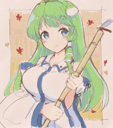 Rule 34 | 1girl, bamboo broom, bare shoulders, blue eyes, blush, breasts, broom, bug, closed mouth, collarbone, commentary request, detached sleeves, dragonfly, frog hair ornament, green hair, grey background, hair ornament, highres, holding, holding broom, insect, kochiya sanae, large breasts, light smile, long hair, long sleeves, nazawa (nother), shirt, sidelocks, simple background, single hair tube, sleeves past elbows, snake hair ornament, solo, swept bangs, touhou, upper body, very long hair, white shirt, wide sleeves, wing collar