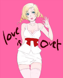 Rule 34 | 1girl, atlus, blonde hair, blouse, blue eyes, bra, breasts, catherine, catherine (game), choker, drill hair, eyeshadow, female focus, lingerie, long hair, makeup, miniskirt, open mouth, pink bra, pink thighhighs, r purei, red ribbon, ribbon, shirt, skirt, solo, thighhighs, twin drills, twintails, underwear