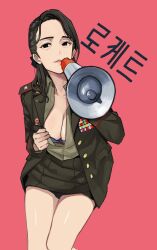 black_hair breasts highres kim_yo-jong long_hair megaphone military_uniform real_life skirt wani_(perfect_han)