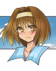 Rule 34 | 1girl, blue background, blue sailor collar, border, brown eyes, brown hair, cloud, cloudy sky, collarbone, hairband, highres, kaho (sister princess), light smile, looking at viewer, outside border, r2ndmix, sailor collar, short hair, sister princess, sky, solo, upper body, white border, yellow hairband