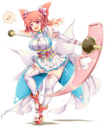 Rule 34 | 1girl, :d, alternate costume, blush, bracelet, clog sandals, cross, cross necklace, death angel komachi, dress, elbow gloves, flower, frills, full body, gloves, hair bobbles, hair flower, hair ornament, heart, high heels, highres, holding, holding weapon, huge weapon, ichirino minagi, jewelry, looking away, magical girl, musical note, necklace, okobo, onozuka komachi, open mouth, red eyes, red hair, ribbon-trimmed legwear, ribbon trim, sandals, sash, scythe, short dress, simple background, smile, solo, spoken musical note, standing, thighhighs, touhou, twintails, two side up, waist cape, weapon, white background, white dress, white gloves, white thighhighs