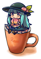 Rule 34 | 1girl, :t, blue hair, bright pupils, chibi, cup, eating, food, fruit, hat, highres, hinanawi tenshi, leaf, long hair, mini person, minigirl, mister donut, mug, peach, pigeon-toed, red eyes, same anko, sitting, solo, touhou, white pupils, wide-eyed