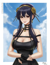 Rule 34 | 1girl, artist name, bare shoulders, black dress, black gloves, black hair, breasts, cleavage, cloud, cloud background, cloudy sky, commentary, dress, earrings, english commentary, fingerless gloves, flower, gloves, gold hairband, golden rose, hair between eyes, hair flower, hair ornament, hairband, hands on own stomach, jewelry, kyopink, large breasts, long hair, looking at viewer, nail polish, outside border, red eyes, red nails, sidelocks, sky, sky, smile, solo, spy x family, upper body, yor briar