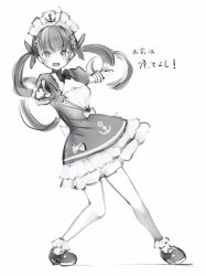 Rule 34 | 1girl, :d, anchor print, bare legs, blunt bangs, cleavage cutout, clothing cutout, dress, frilled dress, frills, full body, greyscale, highres, hololive, long hair, maid headdress, minato aqua, minato aqua (1st costume), monochrome, nanashi (nlo), open mouth, pointing, pointing at viewer, puffy short sleeves, puffy sleeves, short sleeves, simple background, sketch, smile, solo, translation request, twintails, virtual youtuber, wrist cuffs